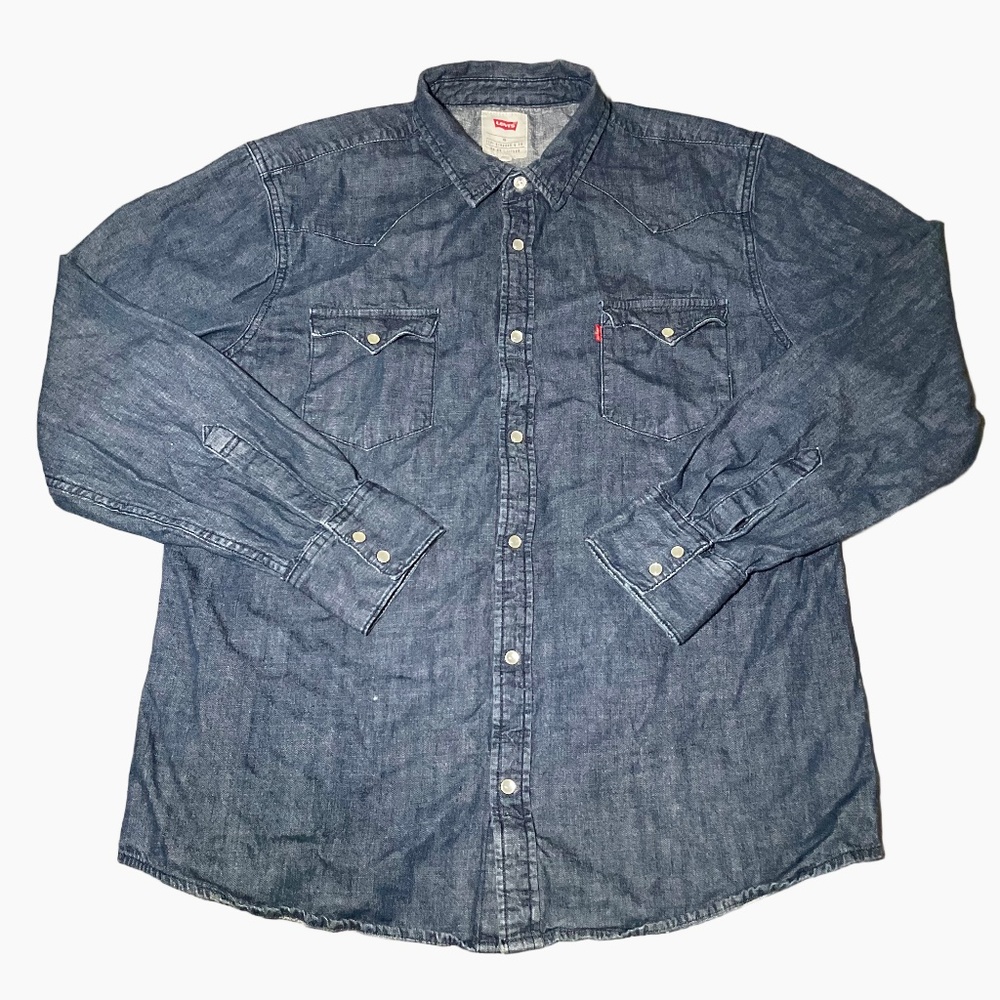 Levi's %100 Cotton Shirt Mens XL Dark Blue Rinse Denim Long Sleeve Pearl Snap